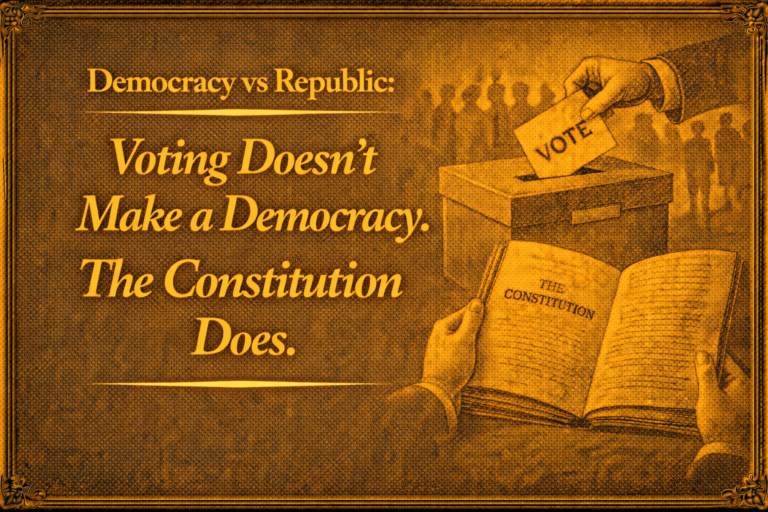 Democracy vs Republic Title Voting Doesn't Make a Democracy. The Constitution Does.