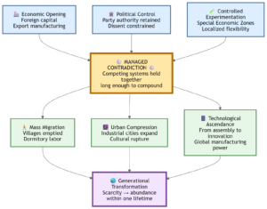 China’s rise emerged from sustaining unresolved contradictions simultaneouslyEconomic opening, political control, experimentation, and human displacement compounded together instead of replacing one another.