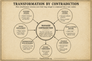 China’s transformation depended on sustaining contradiction long enough for it to compoundEconomic opening, political control, human displacement, and technological ascent unfolded simultaneously inside the same historical transition.